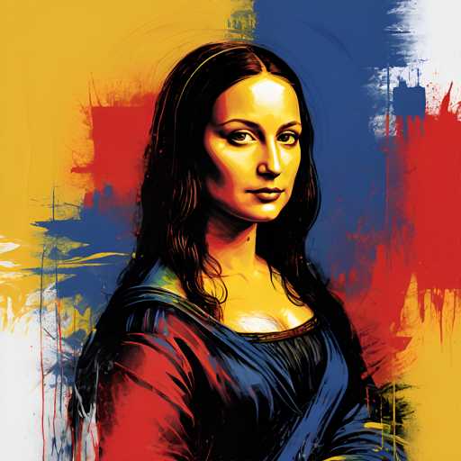 The image depicts an illustration of a woman with long hair and a blue dress. The background is a vibrant mix of red, yellow, and blue colors, creating a colorful and abstract backdrop for the portrait. The woman's face is the focal point of the image, which is rendered in a realistic style.