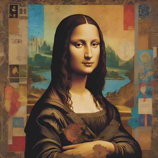 The image is an illustration of a woman with long brown hair and dark skin tones. She has her arms crossed over her chest and is looking directly at the camera. The background features a collage of various images including a map, a castle, a clock, and a flower.