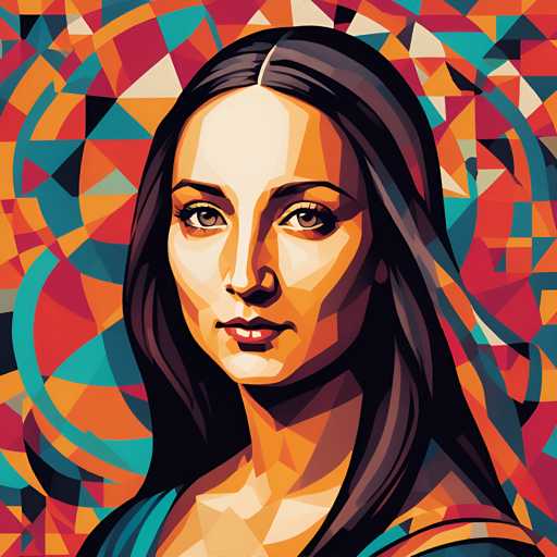 The image depicts an illustration of a woman with long dark hair and brown eyes. The background is a vibrant display of geometric shapes in shades of red, blue, green, yellow, and orange. The artist's signature "M" can be seen at the bottom right corner of the image.