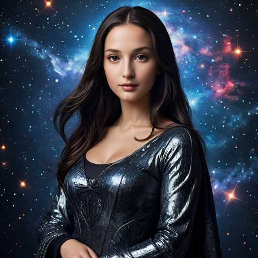 A stunning, photorealistic portrait of a young woman with long, flowing dark hair and piercing brown eyes. She is wearing a futuristic, shimmering black bodysuit with intricate silver detailing, including a cape that drapes over her shoulders. The background is a vibrant, swirling nebula of deep blues and purples, interspersed with bright stars and galaxies. The lighting is soft and ethereal, highlighting her features and the texture of her clothing. She has a serene yet confident expression, looking directly at the viewer with an air of mystery and power. The overall style is reminiscent of a cosmic fantasy portrait, emphasizing a sense of otherworldly beauty and strength.