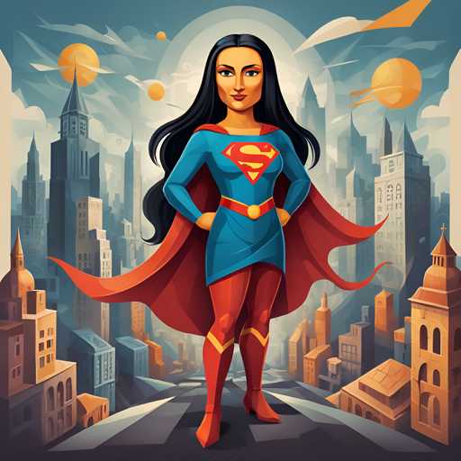 The image depicts a woman dressed as Supergirl standing on top of a rooftop with the city skyline in the background. The woman is wearing a blue and red costume that includes a cape and boots, and she has her hands on her hips while looking directly at the camera.