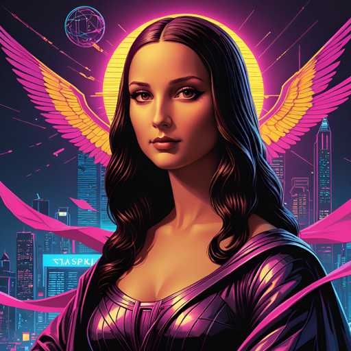 The image depicts a woman with long dark hair wearing a purple dress and a gold headdress, standing against the backdrop of a city skyline at night. The sky above her is illuminated by neon lights, creating a vibrant and surreal atmosphere.
