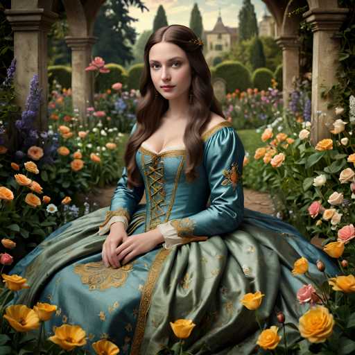 A young woman dressed in a blue and gold dress with a gold belt sits on a bench surrounded by flowers in a garden setting.