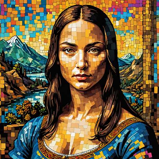 The image depicts a woman with long brown hair wearing a blue dress and a gold necklace. The background features a mosaic of mountains and trees against a sky filled with clouds.
