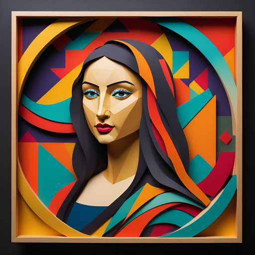 The image depicts an abstract portrait of a woman with long hair and blue eyes. The background is a vibrant mix of orange, green, yellow, and purple shapes arranged in a circular pattern around the central figure.