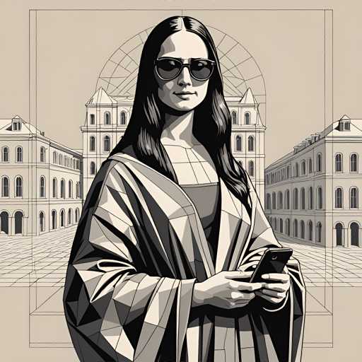 The image depicts a woman standing in front of an ornate building with large windows and intricate architectural details. The woman is wearing sunglasses and holding a phone in her hand.