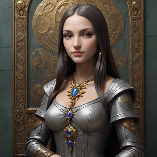 The image depicts a woman wearing a silver dress with gold accents and a large blue gemstone pendant around her neck. She is standing against a green wall adorned with gold designs. The woman's gaze is directed straight at the camera, creating an engaging portrait.