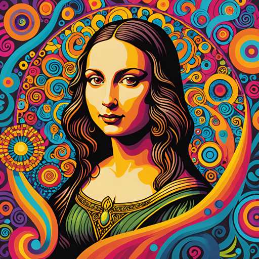 The image depicts a woman's portrait rendered in an illustration style with vibrant colors and abstract shapes. The woman is the central figure, positioned against a backdrop of colorful swirls and circles that create a sense of movement and dynamism. The use of bold colors and abstract shapes gives the impression of a surreal or dreamlike quality to the image.