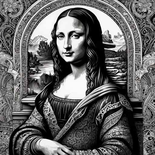 The image is a black and white portrait of a woman with long hair wearing a dress that has a floral pattern. The woman's face is the main focus, and she is looking directly at the camera. The background features an archway adorned with intricate designs, adding depth to the composition.