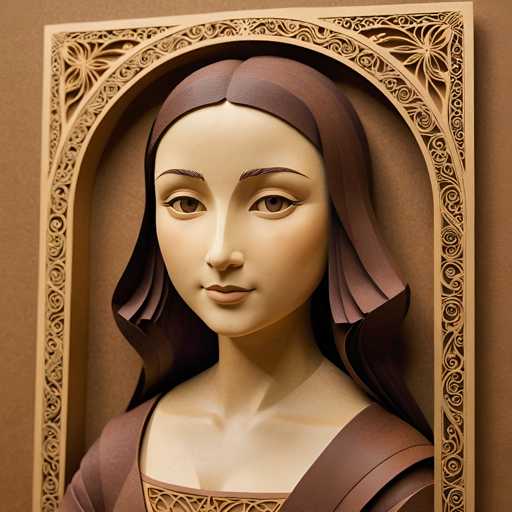 The image shows a close-up portrait of a woman's face, rendered in a realistic style with brown tones and intricate detailing. The woman is depicted from the shoulders up, facing the viewer directly. The background features a wooden frame adorned with gold accents, adding an elegant touch to the overall composition.