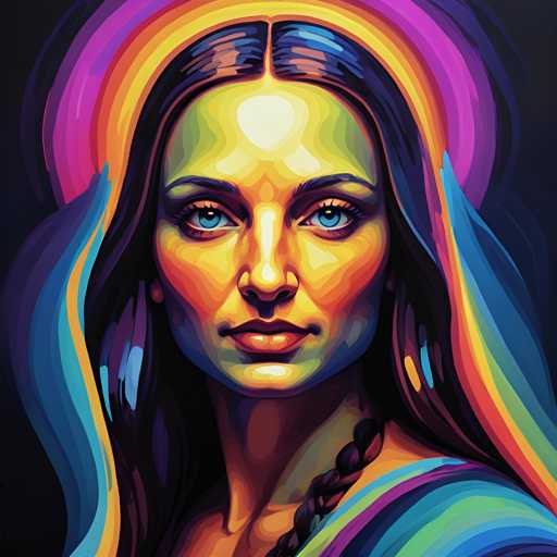 The image depicts an illustration of a woman with long hair and blue eyes. The background is a gradient of colors that transitions from purple at the top to pink at the bottom, creating a sense of depth and dimension. The woman's face is the focal point of the artwork, which is rendered in a realistic style using bold lines and vibrant colors.