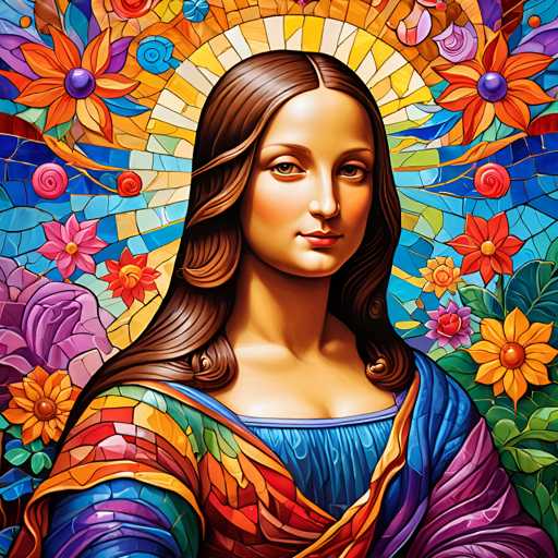 The image depicts a woman with long brown hair wearing a blue dress and a colorful headpiece. The background is a mosaic of flowers and leaves in various colors, creating a vibrant and lively atmosphere. The style of the art piece appears to be stained glass or mosaic, characterized by its intricate patterns and use of multiple colors.