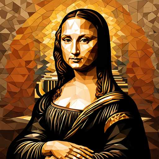 The image is an illustration of a woman's face rendered in a digital art style. The woman has long hair and is depicted wearing a black dress with gold accents. She stands against a backdrop that features a mosaic pattern composed of small triangles in shades of brown and orange.