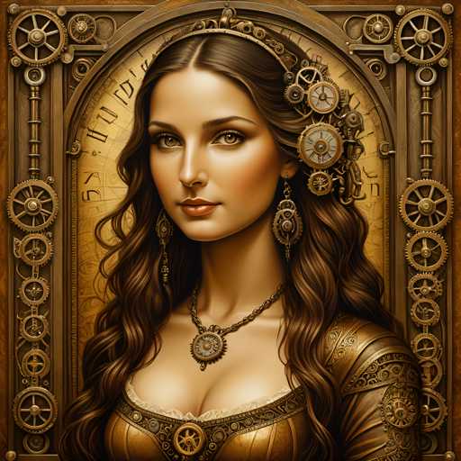 The image depicts a woman with long brown hair wearing a gold headband and earrings. She is positioned against a backdrop of gears and cogs, suggesting an industrial or mechanical theme. The woman's face is the focal point of the image, which is rendered in a realistic style.