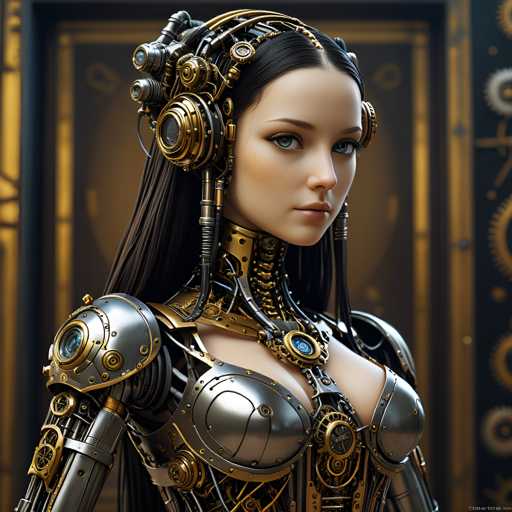 The image shows a close-up portrait of a woman with long dark hair and a metallic bodysuit that appears to be made of metal or steel. She is wearing a pair of headphones on her head. The background features a black door adorned with gold accents, which contrasts with the metallic appearance of the woman's outfit.