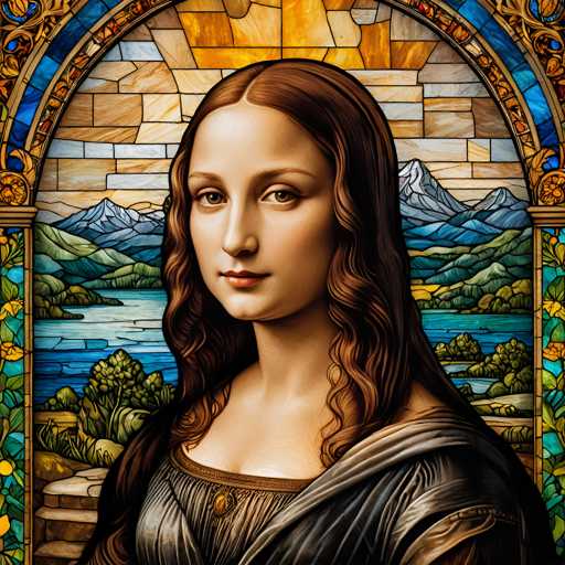 The image depicts a woman with long brown hair and a blue dress against a backdrop of mountains and trees. The painting is done in the style of stained glass art, featuring vibrant colors that create an ethereal effect.