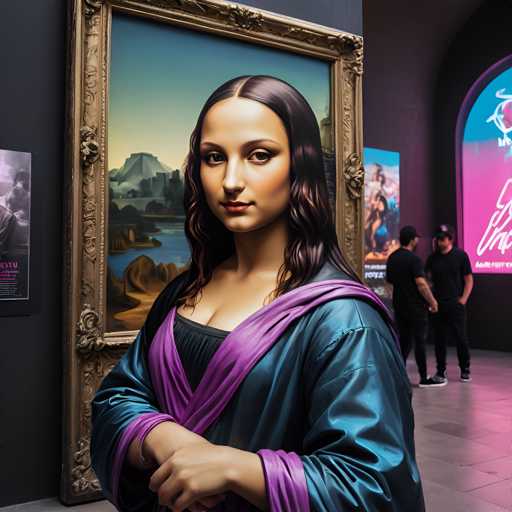 The image shows a woman wearing a purple dress with a gold frame and a painting of the Mona Lisa hanging on the wall behind her. The woman is standing in front of a window that offers a view of an ocean.