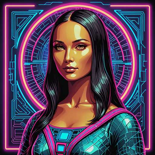 The image depicts a woman with long dark hair wearing a blue dress and a necklace. The background is a vibrant mix of pink and blue neon lights arranged in the shape of a circle, creating an abstract pattern that surrounds her.
