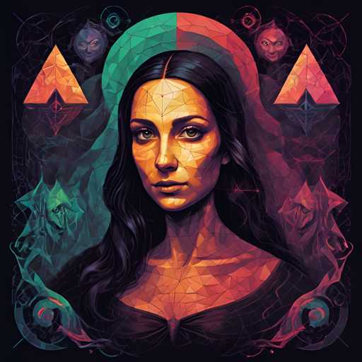 The image depicts an illustration of a woman with long dark hair and a black dress against a black background adorned with geometric shapes and patterns. The woman is positioned centrally within the frame, facing towards the right side of the image.