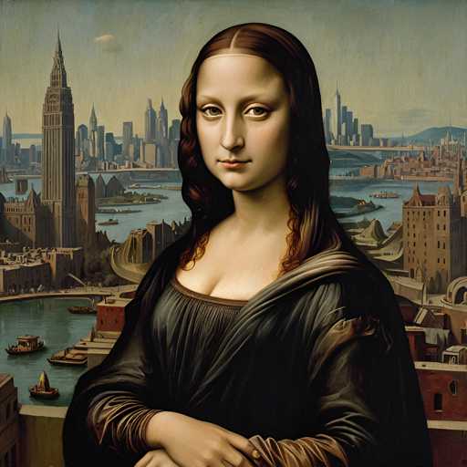 The image depicts a woman with long brown hair and a black dress standing against the backdrop of a cityscape featuring tall buildings and a river. The painting is executed in an impressionist style, characterized by loose brushstrokes that capture the essence of light and color over a short period of time.

The artist's signature can be seen on the bottom right corner of the painting.