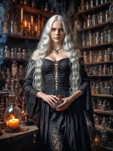 In this detailed and atmospheric image, a young woman with long, wavy silver hair stands in the center of a room that resembles a medieval apothecary or wizard's study. She is dressed in a black corset with lace sleeves and a lace skirt, her attire exuding an old-world, gothic charm. Her silver eyes gaze directly at the viewer, adding to the mystical aura of the scene. She holds a small, golden bottle in her hands, which rest on a wooden table to her left. The table is adorned with a lit candle in a glass jar, casting a warm glow that contrasts with the dimly lit room. Surrounding her are numerous shelves filled with glass bottles, some containing various powders and others holding different substances, contributing to the room's enchanting and slightly eerie ambiance. The overall setting is dark, with the candlelight being the primary source of illumination, enhancing the magical and mysterious atmosphere of the image.