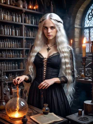 In this detailed and evocative image, a young woman with long, flowing white hair stands in a medieval-style alchemy laboratory. Her hair is adorned with two braids on either side of her head, and she wears a black dress with intricate lace sleeves and a corset-like lacing up the front. Around her neck, she has a black necklace with a pendant. She is captured in the act of pouring a glowing, orange liquid from a glass bottle into a larger, rounder bottle that emits a bright light, suggesting magical or alchemical properties. The scene is richly detailed with numerous glass bottles filled with various substances, some of which are arranged on shelves behind her and others placed on tables in front of her. To her right, a lit candle adds to the mystical ambiance of the room. The background features a large window with an arched top, through which natural light filters, illuminating the space and highlighting the woman's focused expression as she engages in her alchemical work.
