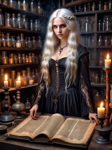 In this detailed image, a woman with long, wavy blonde hair stands in front of a wooden bookshelf filled with numerous glass bottles, some containing brownish powder and others filled with various liquids. She is dressed in a black corset-style dress with lace sleeves, a black hood, and a black necklace. Her hair is styled with a braid on the right side of her head. The woman is holding an open book with yellowed pages, which rests on a wooden table. Surrounding her are several lit candles in candle holders, adding a warm glow to the scene. The setting appears to be a study or a room filled with scientific or alchemical artifacts, suggesting she might be a scientist or an alchemist.
