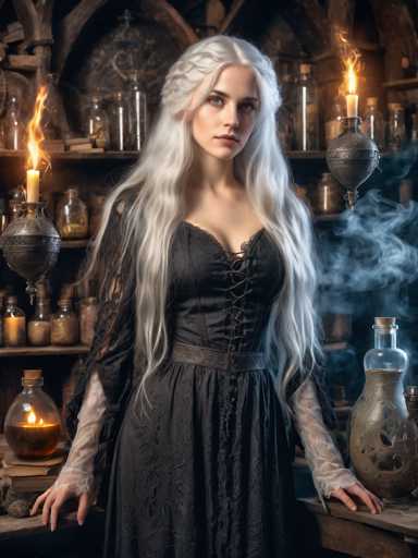 The image depicts a young woman with long, flowing white hair, dressed in a medieval-style black dress. The dress features intricate lace sleeves and a laced-up bodice, cinched at the waist with a brown leather belt. She stands in a dimly lit room, surrounded by wooden shelves filled with various glass bottles, some containing yellowish or brownish substances, and others holding candles. The candles are housed in ornate, dark metal holders, with flames flickering above them. To her right, a large glass bottle filled with a brownish liquid emits a wisp of smoke. The woman, with her blue eyes and serious expression, gazes directly at the camera, her hands resting on the table in front of her. The overall scene exudes a mystical, almost witch-like atmosphere, enhanced by the dark, shadowy ambiance and the scattered magical artifacts around her.