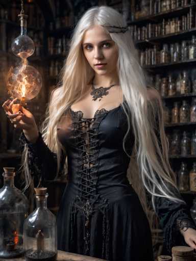 The image depicts a young woman with long, flowing white hair that cascades down to her waist. She is dressed in a black corset-style dress, intricately laced up the front, and adorned with lace sleeves. Around her neck, she wears a black lace choker necklace featuring a circular pendant. Her striking blue eyes and pink lips add to her ethereal appearance. She stands in a room filled with shelves lined with various glass bottles, some containing small flames or candles, and others filled with mysterious substances. In her right hand, she holds a glass container with two spherical bulbs connected by a tube, from which flames are emanating. The scene is set against a backdrop of dark, shadowy shelves, enhancing the mystical and enchanting atmosphere.