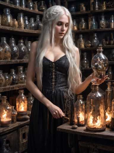 In this detailed image, a woman with long, flowing white hair stands in a dimly lit room, surrounded by an array of glass bottles and jars filled with various substances. She is dressed in a black corset-style dress, which features intricate lacing up the front, and a long skirt. Her hair is styled with a braid on the left side, and she has a delicate, almost ethereal appearance. The woman is holding a glass bottle in her left hand, which contains a collection of rocks and other small objects. In her right hand, she holds a wooden-handled hammer, poised over another bottle that contains a small fire. The room is filled with numerous other bottles, some of which are lit with candles, casting a warm glow that enhances the mysterious and enchanting atmosphere. The overall scene evokes a sense of a witch's laboratory or a alchemist's den, filled with magical and intriguing elements.