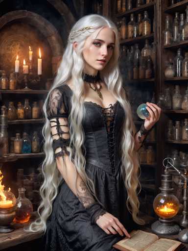 The image depicts a young woman with long, flowing white hair, adorned with a gold headband. She is dressed in a gothic-style black dress, featuring intricate lace sleeves and a corset-like bodice with a laced-up front. Her attire is complemented by black lace gloves and a choker necklace with a pendant. The woman is seated in a room that resembles a laboratory or apothecary, filled with numerous glass bottles and vials containing various substances, some of which are lit with candles. She holds a large, clear crystal ball in her left hand and points to an open book on the table in front of her with her right hand. The scene is illuminated by the warm glow of candles and the fire within the vials, creating a mystical and enchanting atmosphere.