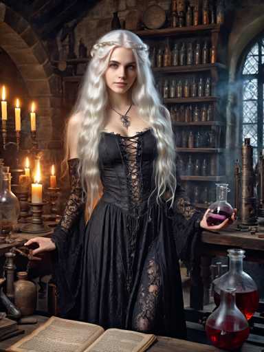 In this captivating image, a woman stands poised in a medieval-style room, exuding an air of mystique. She is adorned in a striking black dress, intricately designed with lace sleeves and a lace-up front that reveals a hint of her chest. Her long, flowing blonde hair cascades down her back, adding to her ethereal appearance. Around her neck, she wears a delicate necklace featuring a spiderweb pendant, adding a touch of intrigue to her ensemble.

The room around her is filled with an array of objects that suggest a life of scientific curiosity and mysticism. To her left, a table is laden with various bottles, some containing liquids of different colors, while others are empty. An open book sits prominently on the table, hinting at ongoing experiments or spells. On her right, a collection of candles flickers softly, casting a warm glow that contrasts with the dimly lit room. Behind her, a shelf is lined with more bottles, possibly filled with potions or elixirs, further enhancing the room's enigmatic atmosphere.

The woman's expression is one of calm determination, her gaze fixed straight ahead as if she is lost in thought or focused on an unseen task. The overall scene evokes a sense of a witch or a scientist deep in her element, surrounded by the tools of her craft.