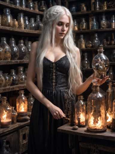 A woman with blonde hair is standing in a dimly lit room filled with glass bottles and jars on shelves behind her. She is wearing a black dress that contrasts with the warm tones of the room. The woman holds a small vase in her hands, which appears to be made of glass or crystal.