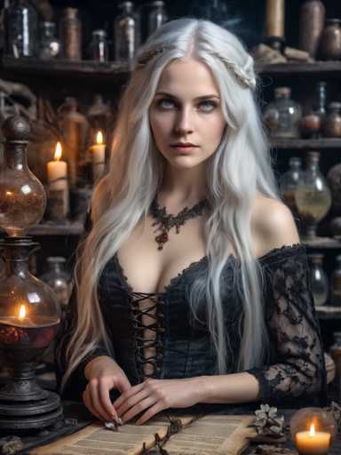 The image depicts a young woman with long, flowing white hair, styled with a braid on the left side of her head. She has striking blue eyes and is wearing a black corset with lacing up the front, which is off-the-shoulder and features lace sleeves. Around her neck, she wears a black choker necklace adorned with a red jewel. The woman is seated at a table, her hands resting on it, and she is looking up towards the top left corner of the image. The table in front of her holds an open book, a candle, and a glass container with a lit candle inside. Behind her, there are shelves filled with various glass bottles, some containing liquids and others empty, adding to the mystical ambiance of the scene. The overall setting evokes a sense of mystery and enchantment, reminiscent of a witch's study or a scene from a fantasy movie.