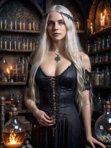 The image depicts a young woman with long, flowing white hair, standing in what appears to be a medieval apothecary or alchemist's lab. She is dressed in a black corset-like dress with intricate lacing up the front, and her attire is complemented by a black necklace featuring a silver medallion. Her striking blue eyes and light pink lips add to her ethereal appearance. A black hair clip adorns her hair, and she has visible tattoos on her left shoulder and arms. In her right hand, she holds a small bottle containing a yellowish liquid with flames emanating from it, while her left hand rests on a table. Surrounding her are numerous glass bottles filled with various substances, some containing flames, and others holding powders or liquids. The background is dimly lit, with candles and lanterns casting a warm glow, enhancing the mystical and enchanting atmosphere of the scene.
