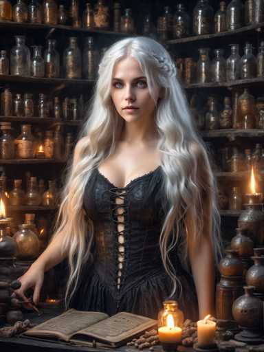 A woman with blonde hair is standing in front of a table filled with various objects including candles and jars. She is wearing a black dress that has lace detailing on the bodice. The table also contains several bottles and vases arranged neatly around it.