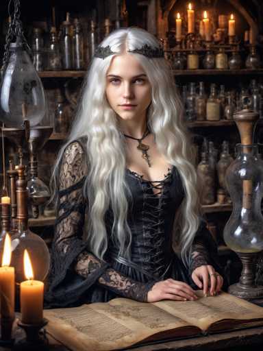 The image depicts a young woman with long, wavy white hair, styled with a black headband that has a floral design. She is seated at a desk, her hands resting on an open book with yellowed pages, suggesting it is an old spell book. The woman is dressed in a black corset with lacy sleeves, and around her neck, she wears a black necklace adorned with a key pendant. The background features shelves lined with various glass bottles, some containing liquids and others filled with corks, adding to the mystical ambiance. The scene is illuminated by the soft glow of candles placed on the desk, casting a warm light over the setting.