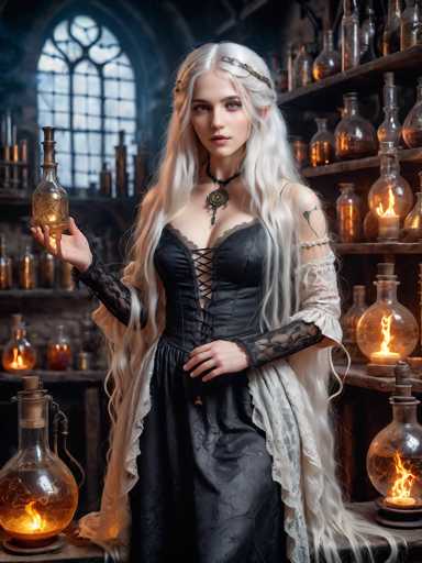 The image depicts a young woman with long, flowing white hair adorned with a silver headband. She is dressed in a black corset-style dress with intricate lace details and a white, lacy shawl draped over her shoulders. Her blue eyes and pink lips add to her ethereal appearance. The woman is holding a glass bottle filled with a glowing yellow liquid, which she presents to the viewer. Surrounding her are numerous other glass bottles, some containing similar glowing liquids, and others with various contents. The setting appears to be a dark, medieval-style alchemy laboratory, with a large arched window in the background that allows some light to filter through. The scene is filled with an array of scientific equipment and magical artifacts, creating an atmosphere of mysticism and enchantment.