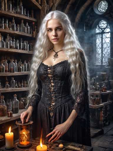 In this detailed, computer-generated image, a young woman with long, wavy white hair and striking blue eyes stands in the center of a room that resembles a medieval apothecary or wizard's study. She is dressed in a black corset-style dress with lace sleeves and a lace-up front, complemented by a black choker necklace adorned with a rose pendant. Her expression is serious as she reaches out with both hands towards a glass container filled with glowing yellow wires, which is placed on a wooden table in front of her. The table also holds two lit candles, one on either side of the container. Behind her, a wooden shelf is lined with numerous glass bottles, likely containing various ingredients or potions. The room features a stone floor and a large arched window with stained glass, through which light filters, casting a mystical glow. The overall atmosphere is dark and mysterious, with a smoky haze adding to the enchanting ambiance.
