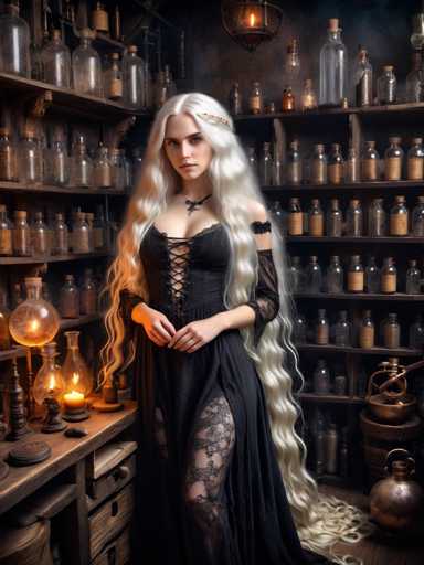 A woman with long blonde hair is standing in a room filled with various bottles and jars on shelves behind her. She is wearing a black dress that has lace detailing and a gold necklace. The room appears to be a shop or store selling these items, as indicated by the numerous bottles and jars scattered throughout the space.