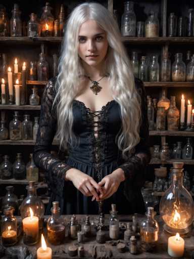 In this captivating image, a woman stands in a dimly lit room, her long, wavy white hair cascading down to her waist. She is dressed in a striking black corset with intricate lace sleeves, which laces up the front, revealing a hint of her midriff. Around her neck, she wears a necklace adorned with a large, round brown medallion. Her blue eyes gaze directly at the camera, exuding a sense of mystery and allure.

The room around her is filled with an array of glass bottles, some containing liquids, others holding various substances, and a few illuminated by flickering candles. These bottles are arranged on shelves behind her and on a table in front of her, creating an enchanting, almost alchemical atmosphere. The table is cluttered with more glass bottles, some filled with liquids, others with powders, and a few candles, adding to the mystical ambiance. The overall scene is bathed in a soft, warm light, highlighting the woman's pale complexion and the intricate details of her attire and surroundings.