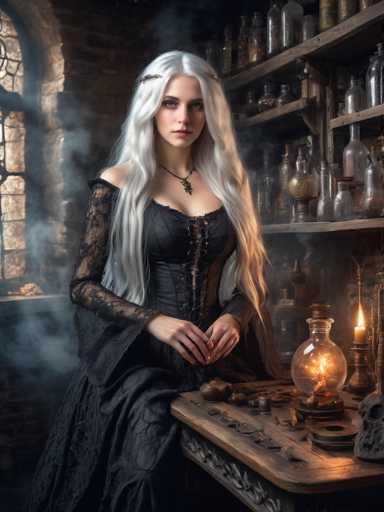 The image depicts a young woman with long, flowing white hair, seated at a wooden desk in what appears to be a medieval apothecary's workshop. She is dressed in a black, lacy dress with a corset-like bodice that ties up the front, and a shawl draped over her shoulders. Her striking blue eyes and red lips add to her ethereal appearance. The desk in front of her is cluttered with various scientific instruments, including a lit candle, a glass globe filled with a glowing substance, and a skull. Behind her, shelves are lined with an assortment of glass bottles, some containing powders and others filled with different liquids. The room is dimly lit, with a window on the left side that allows a small amount of light to filter in, casting a mystical glow over the scene.