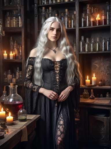 A woman with long blonde hair stands in a dimly lit room filled with shelves of glass bottles and jars containing various liquids. She is wearing a black dress with lace detailing on the bodice and skirt, which contrasts with her blonde hair. The room has a dark color scheme, with candles casting a warm glow throughout the space.