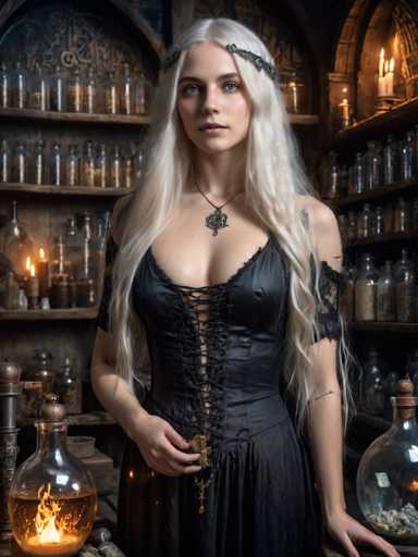 A woman with blonde hair is standing in a room filled with various bottles and vials on shelves behind her. She is wearing a black dress that has lace detailing and a necklace featuring a cross pendant. The room also contains several candles of different sizes and shapes scattered around the space, creating an atmosphere of mystery and intrigue.