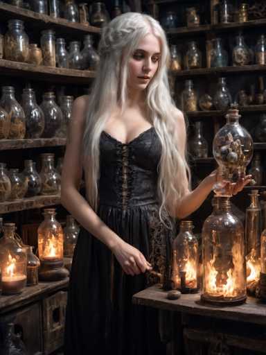 A young woman with long, flowing white hair and a dark, lace-trimmed dress stands in a dimly lit, cluttered apothecary. She holds a glass bottle filled with strange, glowing contents and looks down at it with an expression of wonder. The shelves behind her are packed with various glass bottles, jars, and vials, some containing mysterious liquids or specimens. The overall atmosphere is one of mystery and enchantment, with the warm glow of candlelight illuminating the scene.