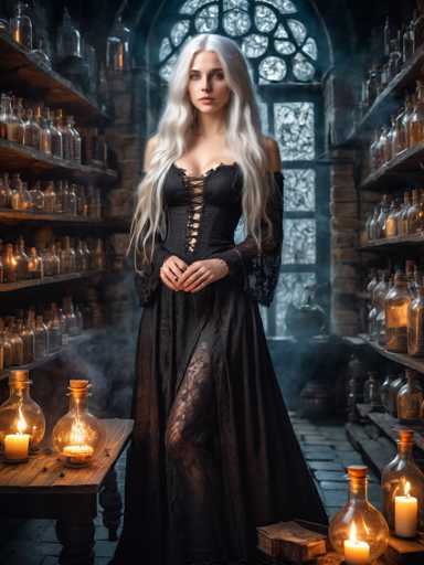 In this captivating image, a woman with long, flowing white hair stands gracefully in the center of a dimly lit room. She is adorned in a striking black dress that features intricate lace details and a corset-like bodice, with her shoulders exposed. The dress is designed with a slit on the left side, revealing a hint of her leg. Her hands are clasped together in front of her, and she gazes directly at the camera with a serene expression.

The room around her is filled with an array of glass bottles and jars, some containing mysterious substances, while others are illuminated by the soft glow of candles. These bottles and jars are arranged on shelves on both sides of the room, creating a sense of depth and mystery. The floor beneath her is made of stone, adding to the rustic and enchanting atmosphere.

Behind the woman, a large window with a rounded top allows a faint light to filter through, casting a gentle glow on the scene. The overall ambiance of the room is dark and ethereal, with the light from the candles and the window providing a stark contrast to the deep shadows. The woman's white hair stands out dramatically against the dark background, making her the focal point of this mesmerizing and otherworldly setting.