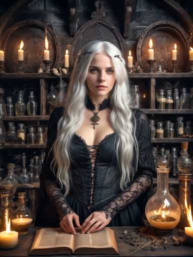 In this captivating image, a young woman with long, flowing white hair stands in a dimly lit room, exuding an air of mystique. Her striking blue eyes and pale complexion are accentuated by her black attire, which includes a corset-like top with lace sleeves and a choker around her neck. A large, ornate necklace with a prominent pendant adds to her gothic appearance. She stands behind a wooden table, her hands resting on an open book, surrounded by various objects that enhance the eerie atmosphere. To her left and right, several candles flicker, casting a warm glow that contrasts with the dark shadows of the room. On the table, there are two large glass containers filled with a yellowish liquid, each with a candle burning inside. The background features shelves lined with an assortment of glass bottles, some containing liquids and others filled with mysterious substances, adding to the enigmatic ambiance.