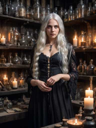 The image depicts a young woman with long, wavy, silver hair cascading down to her waist. She has striking blue eyes and is adorned with a black necklace featuring a silver pendant. Her attire is a black dress with lace sleeves that extend to her elbows, and the dress has a corset-like front with laces running up to her chest. The woman stands in a room filled with numerous shelves, each lined with an assortment of glass bottles, some containing liquids and others empty. The shelves are illuminated by the soft glow of lit candles, adding a mystical ambiance to the scene. The woman gazes directly at the camera, her expression serene and captivating.