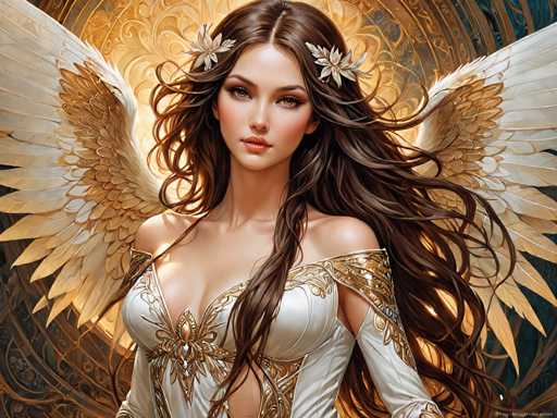 The image depicts a beautiful woman with long brown hair and gold wings. She is wearing a white dress adorned with gold accents that shimmer under the light. The background features a dark blue color with intricate gold designs, creating an ethereal atmosphere around her.
