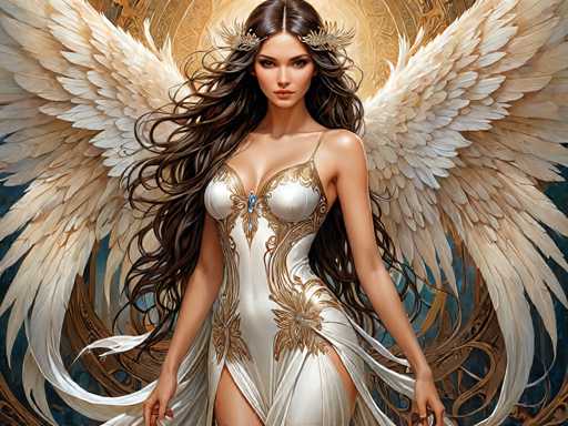 This image depicts a highly detailed, computer-generated or AI-generated fantasy artwork of a young woman with long, wavy brown hair cascading past her waist. She is adorned with an elaborate gold headpiece that features wings on either side, complementing her ethereal appearance. Her attire is a striking white dress with intricate gold embroidery, including a prominent flower design on the left side. The dress is form-fitting, with a single strap over her left shoulder and a daring slit that extends up to her thigh. A blue gemstone is positioned at the center of her chest, adding a touch of mystique. She stands with her arms slightly outstretched, gazing directly at the viewer with a serious expression. Surrounding her are large, majestic white wings that extend beyond the frame, and a radiant gold halo that enhances her angelic aura. The background features a blend of blue and gold hues, with intricate, swirling patterns that resemble a mandala, further emphasizing the fantastical and otherworldly nature of the scene.